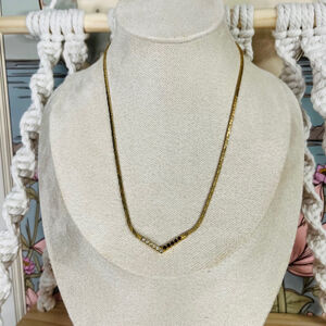 Vintage Chevron Crystal Station Necklace Gold Tone Metal‎ 1980s Retro Classic